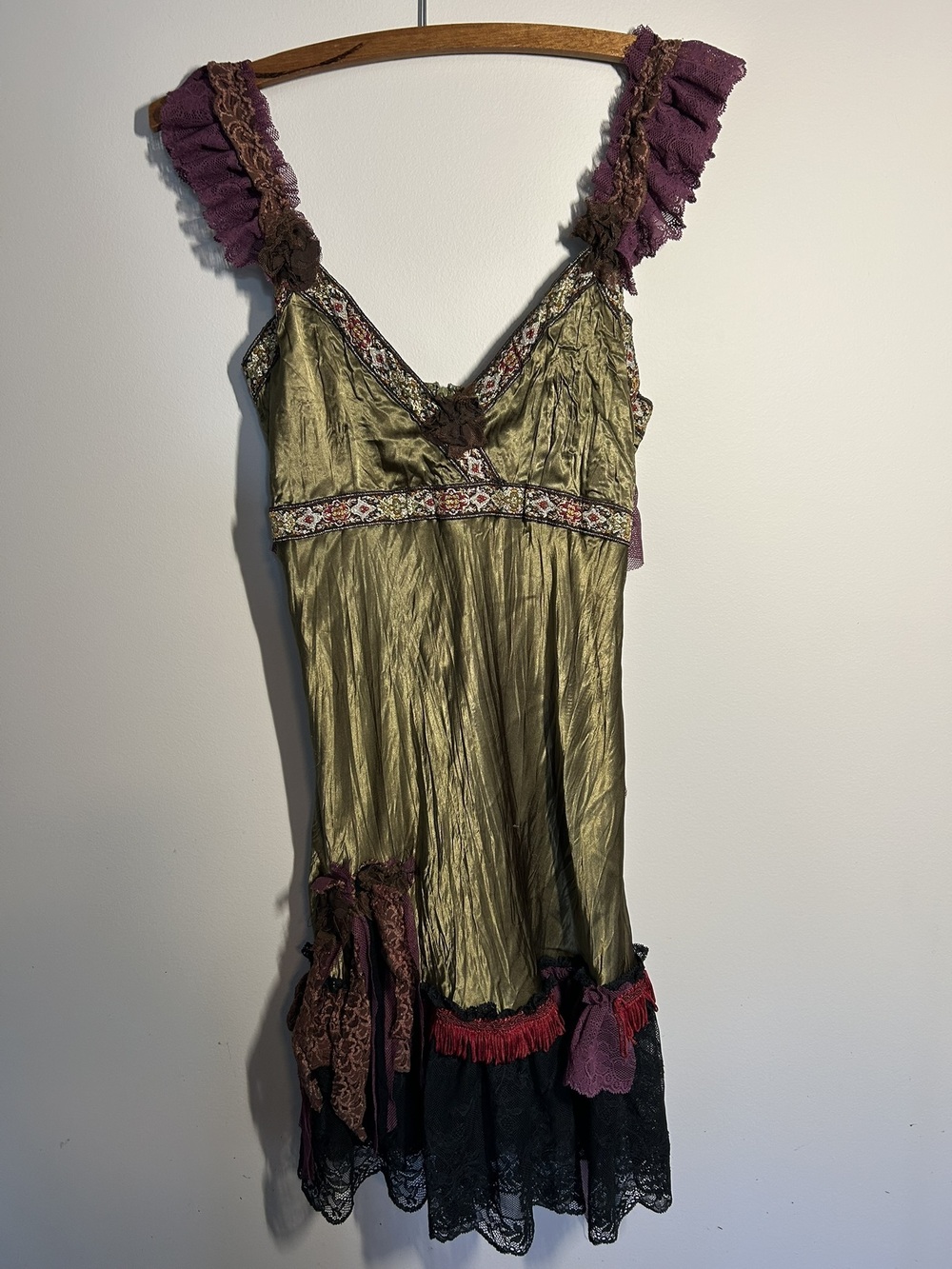 Vintage Rose Burg Y2K Whimsigoth Fairy Grunge Metallic Babydoll Dress - Small